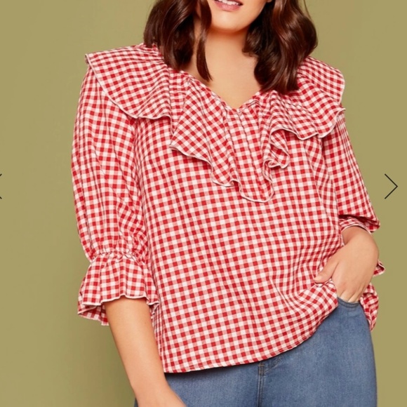 SHEIN Tops - NEW SHEIN Plus Red Ruffle Trim Plaid Top 1XL